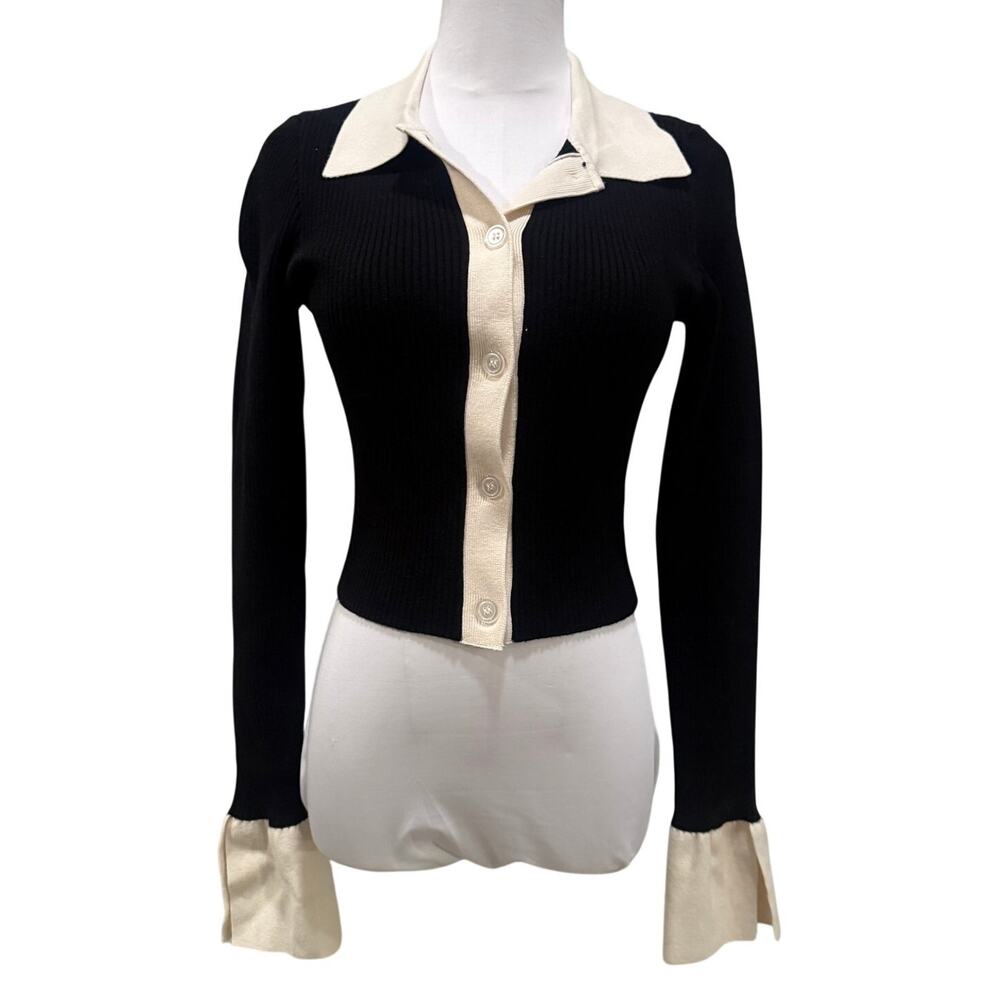 NWT Fashion Nova Katie Cropped Cardigan Medium Black White Bell Sleeve Y2K